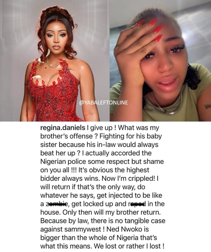 regina daniels breaks down over brother detention